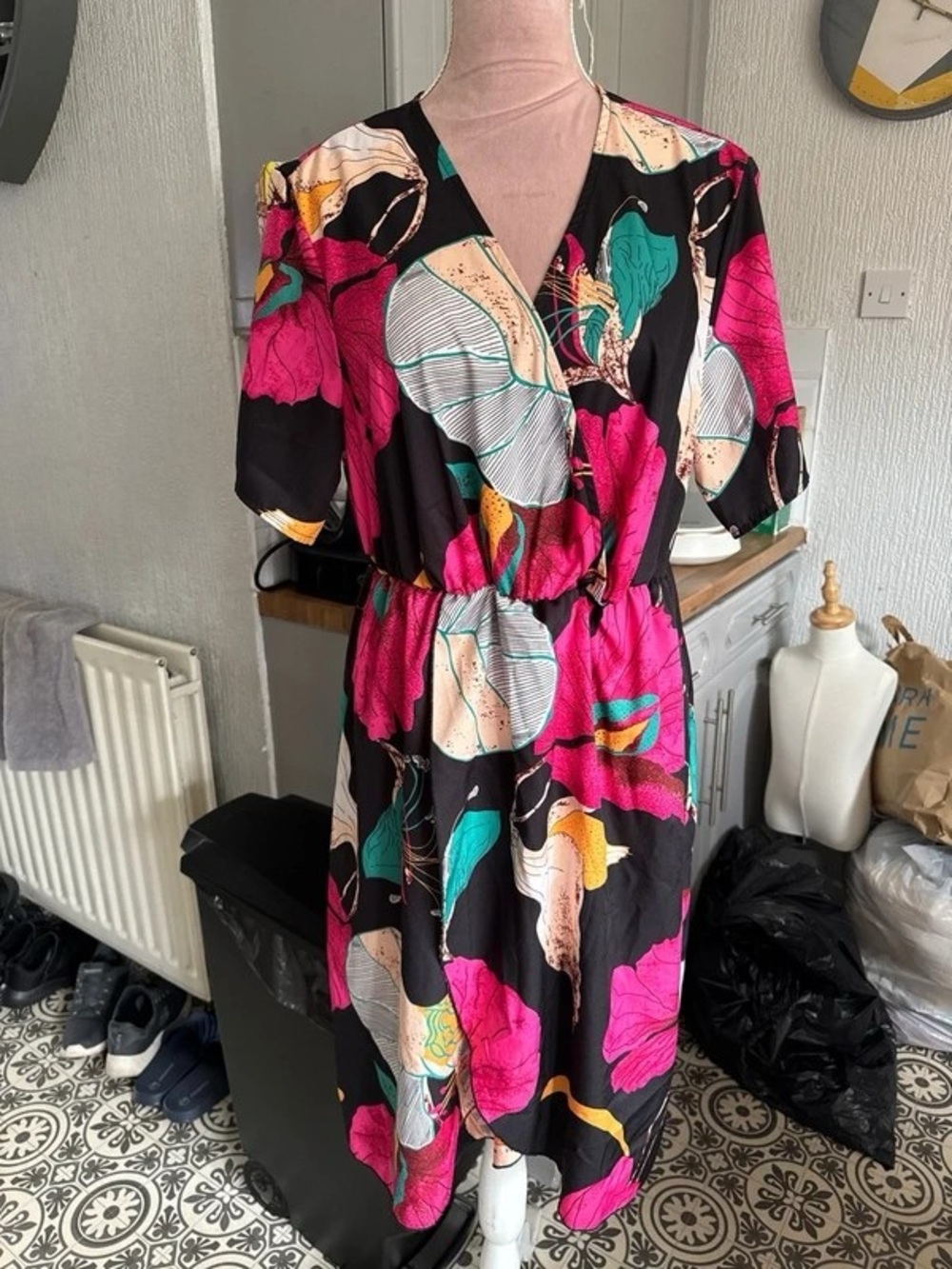 Black Floral Maxi Dress with Pink and Teal Accents